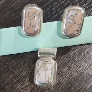 Silver White and Beige Mosaic Stone Pendant & Earrings Set